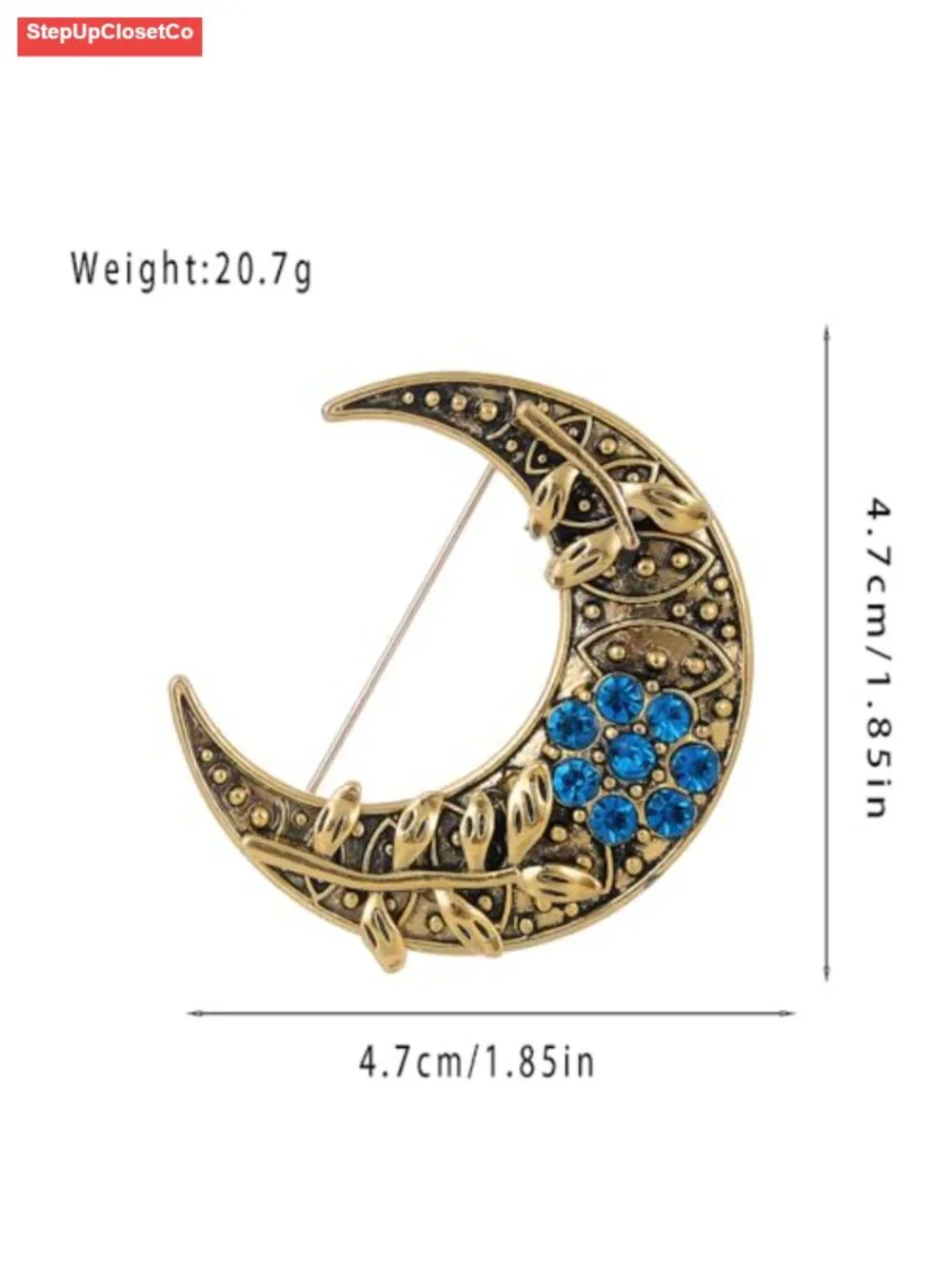 Vintage Moon Brooch Pin Blue Rhinestone Leaf Lapel Pin Clothing Shirt Suit Coat